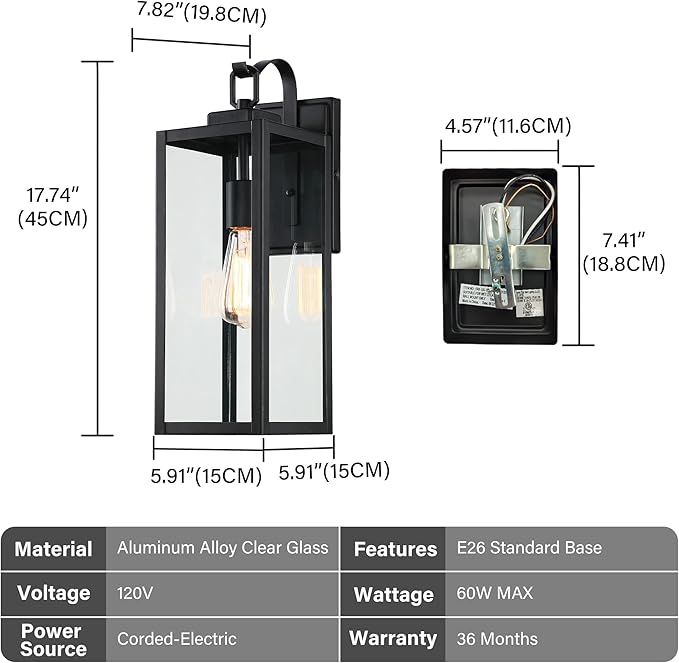 Pia Ricco Large Size Outdoor Wall Lights, 2 Pack 18 Inch Matte Black Exterior Light Fixture with Clear Glass Shade, Waterproof Front Porch Lighting, Modern Sconce Lantern for House, Garage, ETL Listed