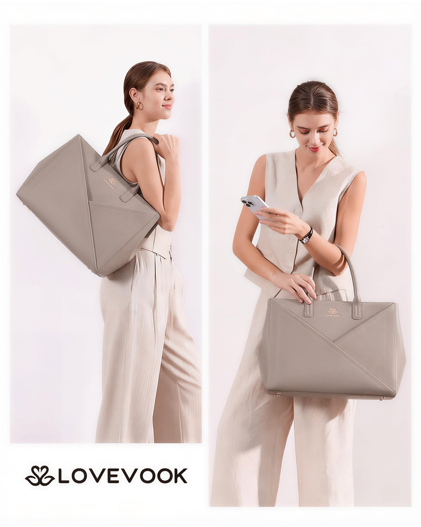 LOVEVOOK Laptop Tote Bag for Women with Large Cup Holder, 16 Inch PU Leather Work Bag Teacher Tote Bag, Waterproof Computer Bags Business Office Briefcase Handbag