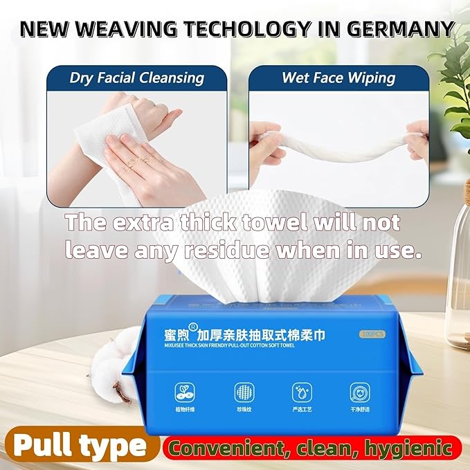 Disposable face towel, MIXUISEE thick and soft face towels, 100% cotton facial