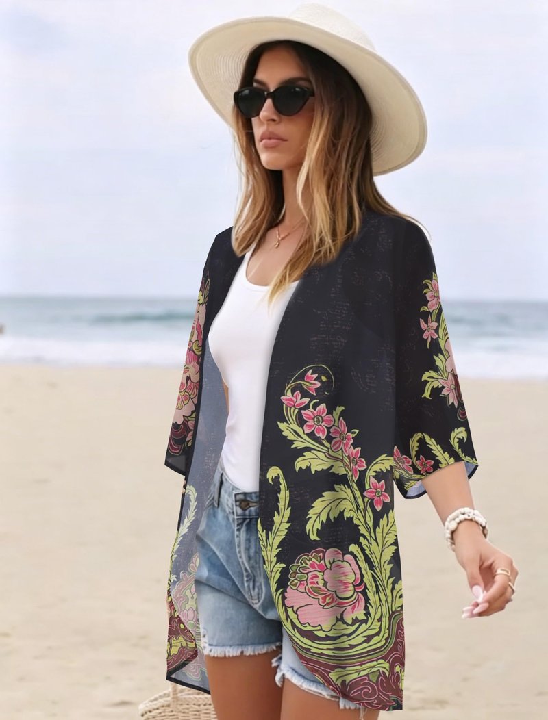 Women's Floral Kimono Print Puff Sleeve Loose Cardigan Cover Up Casual Blouse Tops (Black Matcha Green Print, XL)