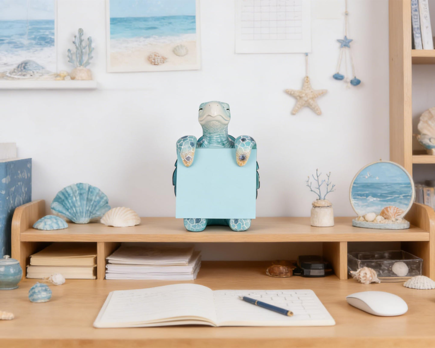 Sea Turtle Pop-up Sticky Note Dispenser, Includes 1 Pad of 3x3 in Super Sticky Notes, 100 Sheets, Resin Cute Handmade Desk Holder for Office & Home, Coastal Beach Decorations