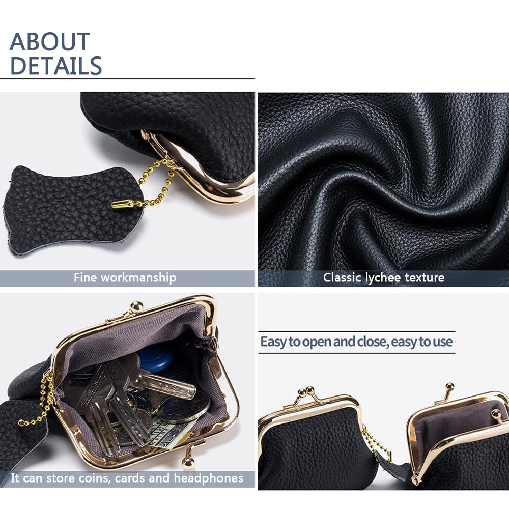 Mini Retro Coin Purse, Small Leather Change Pouch Wallet for Women Euramerican Fashion Versatile Clip Money Bag (Black)