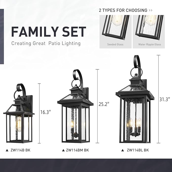 zeyu 2-Light Porch Wall Mount Light, 25.2'' Outdoor Porch Lantern Wall Mounted for House in Black Finish, Die-Cast Aluminum with Water Ripple Glass, ZW114BM BK-SW