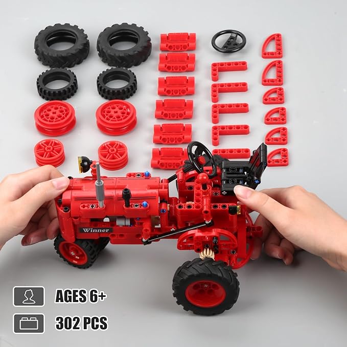 Classic 1/12 Red Tractor Building Blocks SetFarm Tractor Building Kit Toy for Kids Ages 6+STEM Educational Construction Kit for Kids 302 PCS with Shifting &amp Steering &amp Flip Hood Structure