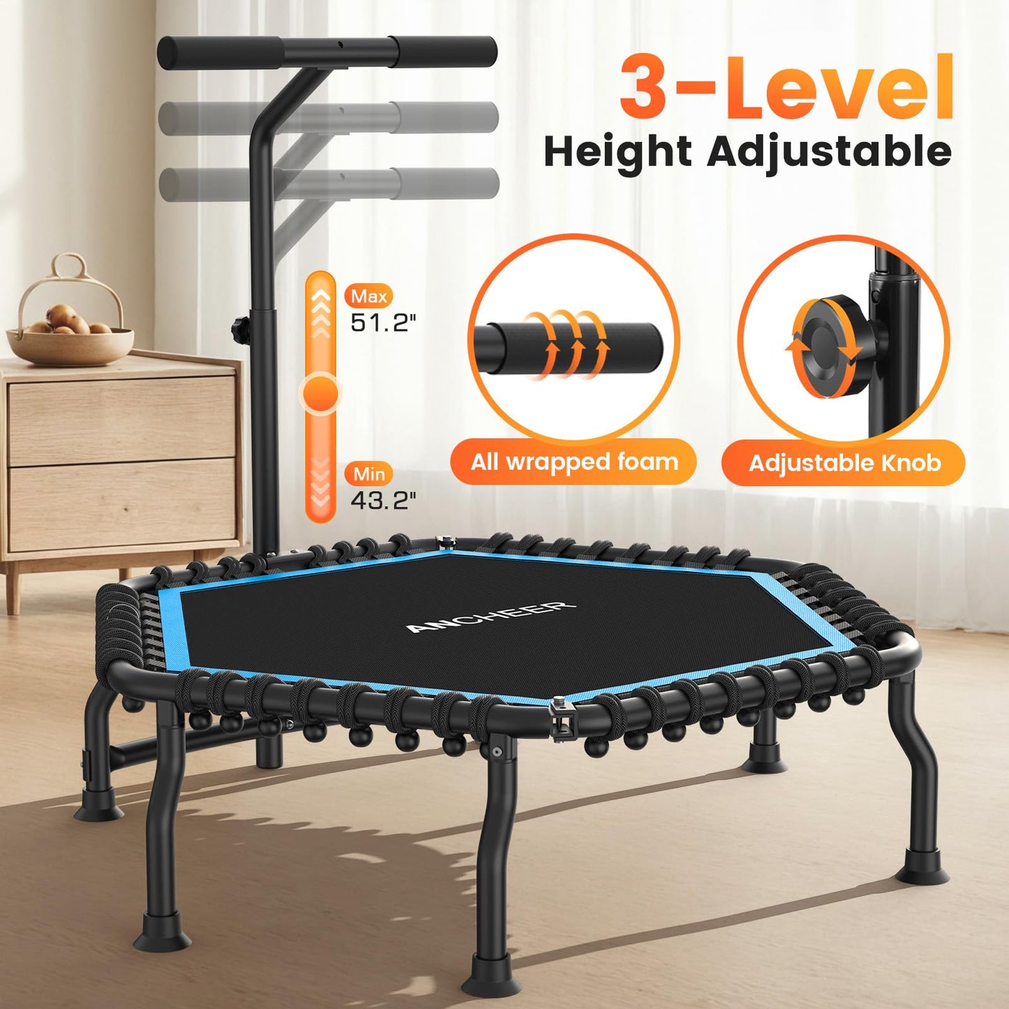ANCHEER 50" Rebounder Trampoline for Adults- 2026 Foldable Mini Trampoline with Bar- Exercise Trampoline for Adults, Max Load 560lbs, for Indoor/Garden Workout