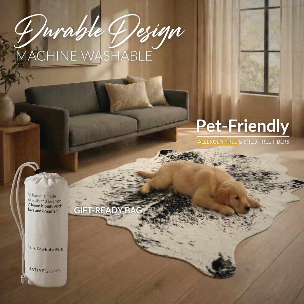 NativeSkins Faux Cowhide Rug – Gray (Medium) | 4.3ft x 5.7ft | Cow Print | Western Bedroom Decor | Hand-Cut, Faux Suede No-Slip Backing | Western Rug | Animal Print | Cow Hide