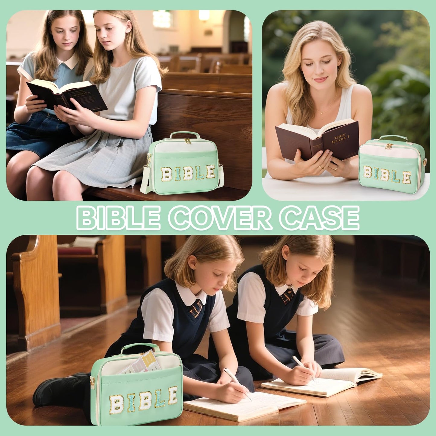 Siwara Bible Cover Case for Women - Large Bible Bag with Bible Study Supplies - Leather Western Bible Cover Carrying Tote Bags - Green