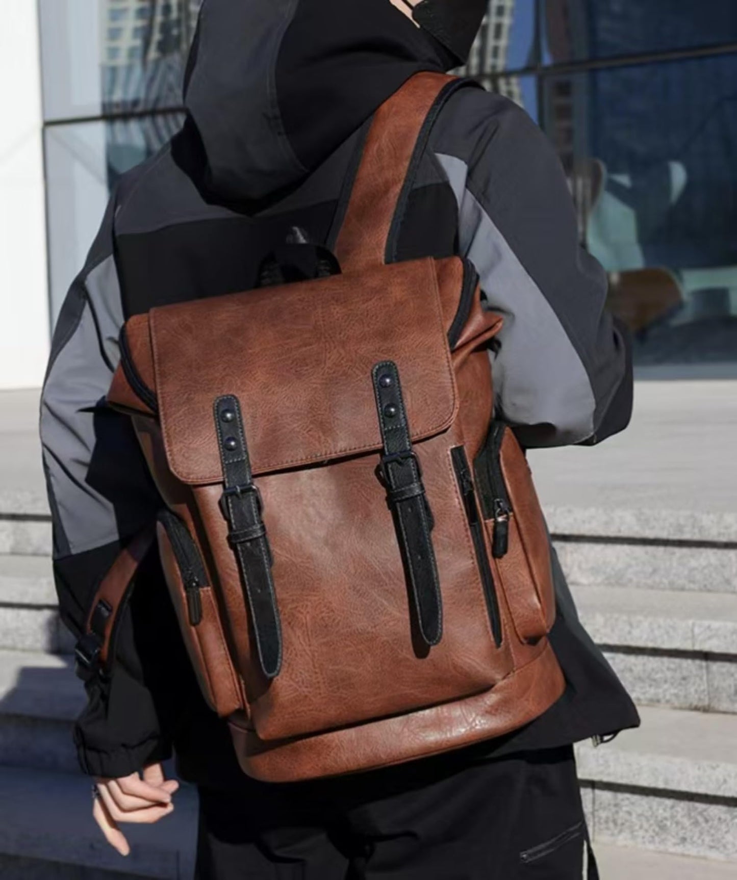 CYLYWJD PU Leather Casual Backpack 15.6 Inches Travel College Work Business Laptop Backpack Multi-Pocket Schoolbag (Brown2)