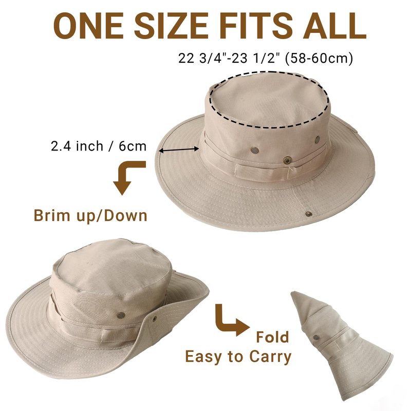 PFFY Sun Boonie Hats for Men UPF 50+ Bucket Hat for Fishing Hiking Safari Hunting Khaki（with Webbing