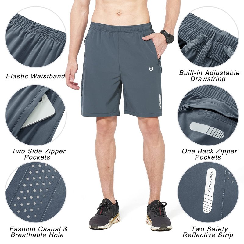 NORTHYARD Men's Athletic Running Shorts Gym Workout 7"/9"/5" Quick Dry Lightweight Sports Basketball Tennis 3 Zipper Pockets COOLGREY XL