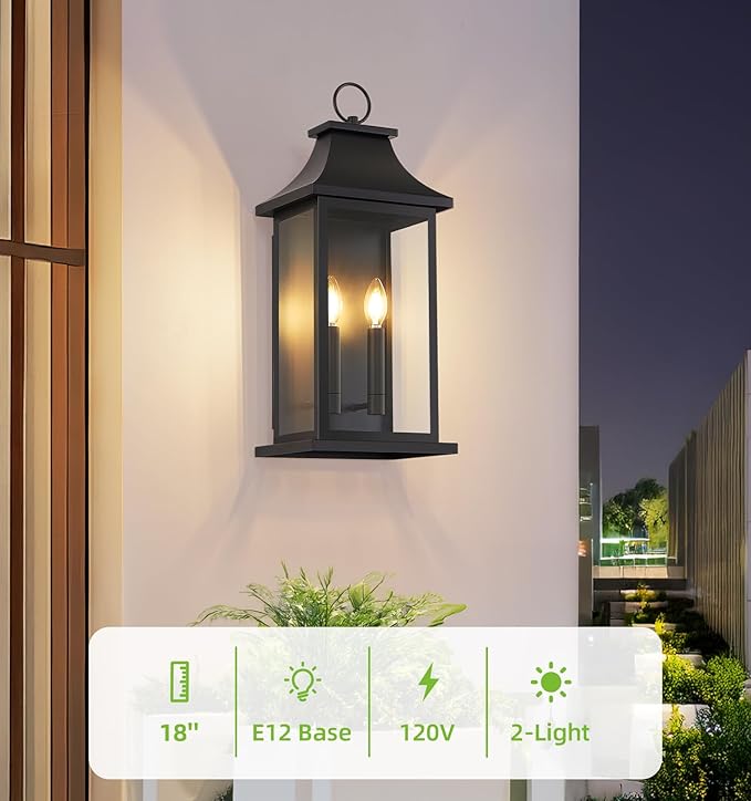 tewei 18'' Large Outdoor Wall Light, Porch Light Outdoor Wall Sconce Lantern, 2-Light Black Exterior Lighting Fixture Wall Mount, Outside Light for House Garage, 2-Pack