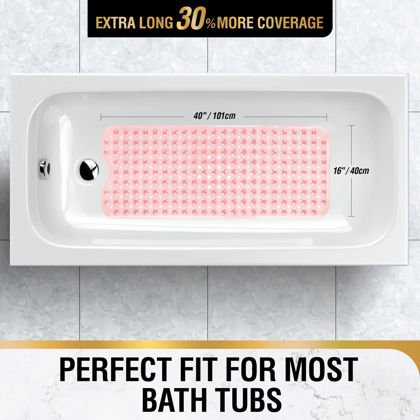 HITSLAM Bath Mat for Tub, Non Slip Bathtub Mat, 40 x 16 Inch Extra Long Bath Tub Mat, Machine Washable Bathroom Shower Mat with Suction Cups and Drain Holes, Soft on Feet, Clear Pink