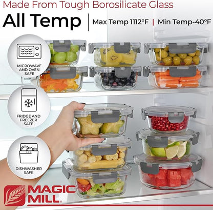 Magic Mill Premium Borosilicate Glass Food Storage Containers with lids Set | 24pc Sets with 12 Bowls & 12 Airtight Locking Lids for Lunch & Meal Prep, Safe for Oven, Freezer, Dishwasher, BPA-Free