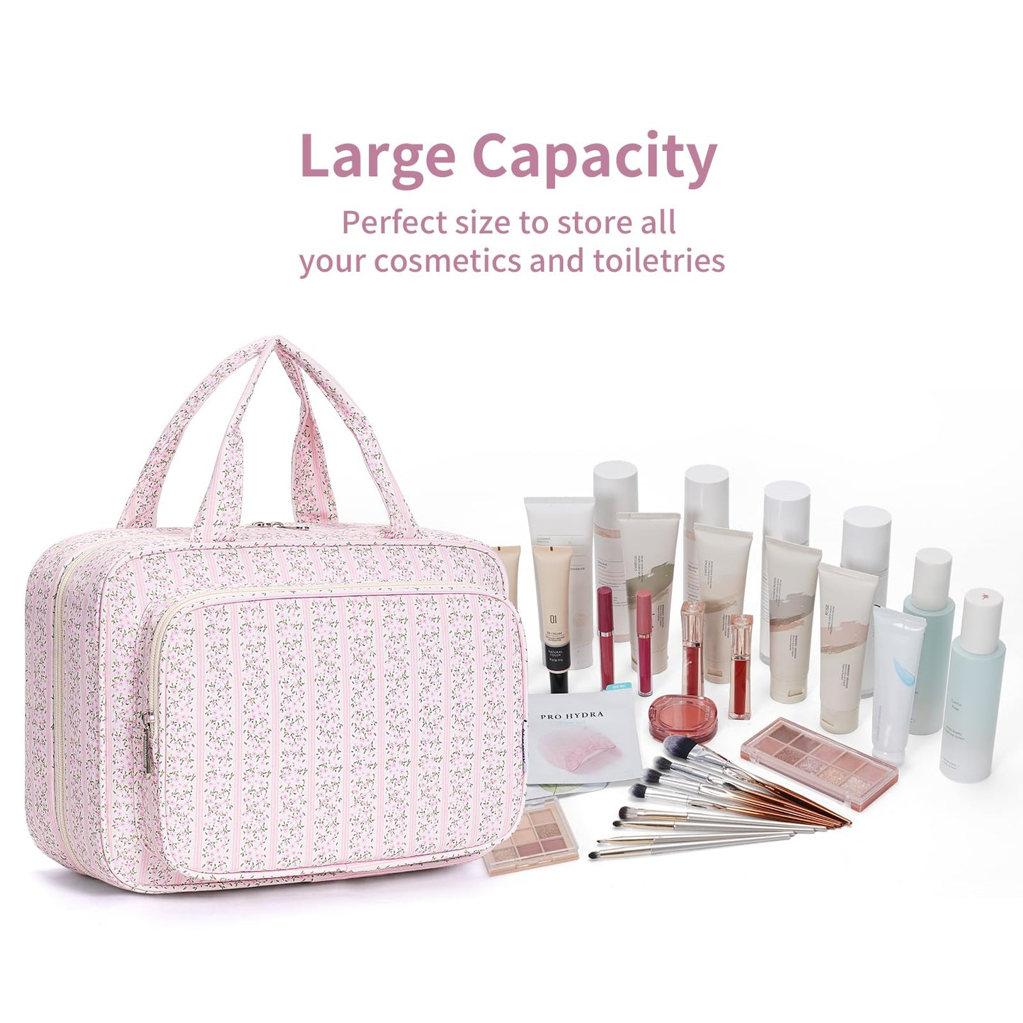 Narwey Travel Toiletry Bag for Women Large Hanging Makeup Bag Organizer Toiletries Bag for Full Size Essentials Accessories Cosmetics (Pink Flower Buds (Large))