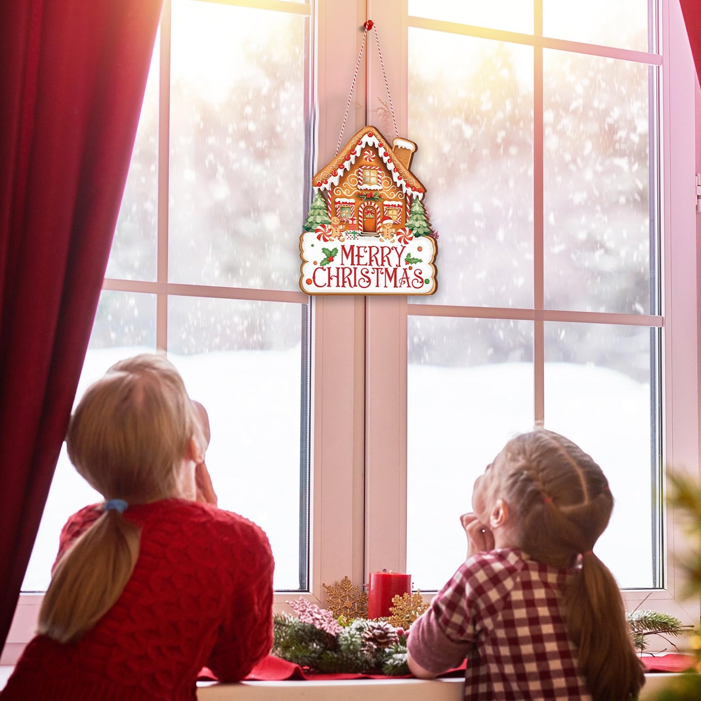 Whaline Merry Christmas Door Sign Outdoor Hanger Gingerbread House Wooden Front Door Hanging Sign with Rope for Xmas Winter Holiday Party Home Wall Porch Decorations
