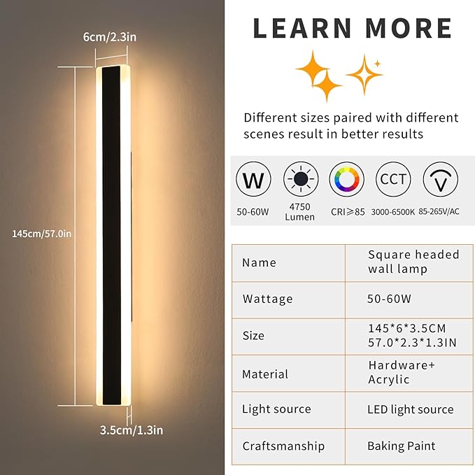 Mikeru Modern Outdoor Wall Light, 3000k-6000k Dimmable Outdoor Wall Sconce 57inch Black Exterior Lights with Remote Control Ip65 Waterproof Anti-Rust Linear Long Porch Lights