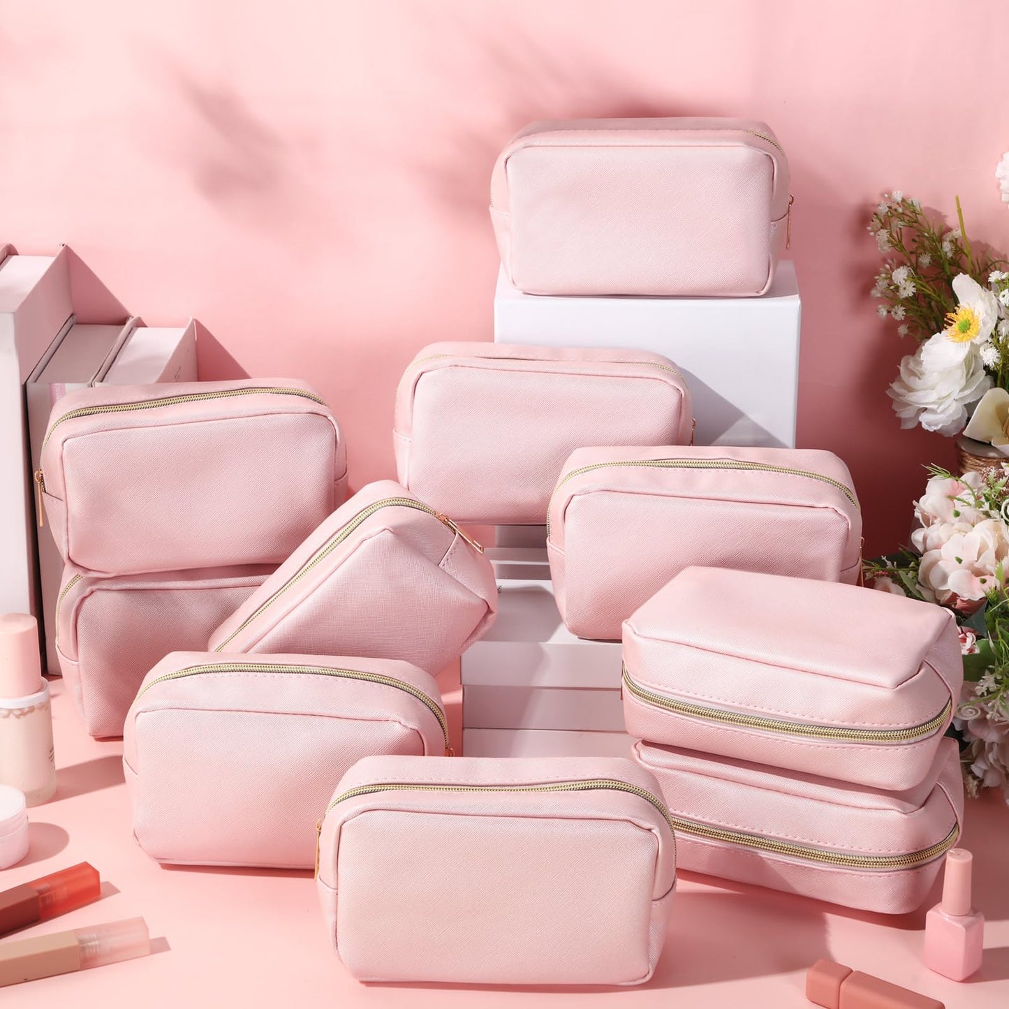 Sweetude 10 Pcs Makeup Bag Bulk for Women Preppy Gift PU Leather Cosmetic Bag Small Skincare Toiletry Pouch Wedding Travel Cosmetic Pouch for Bridesmaid Bride Mother Gift Favors (Rose Gold)