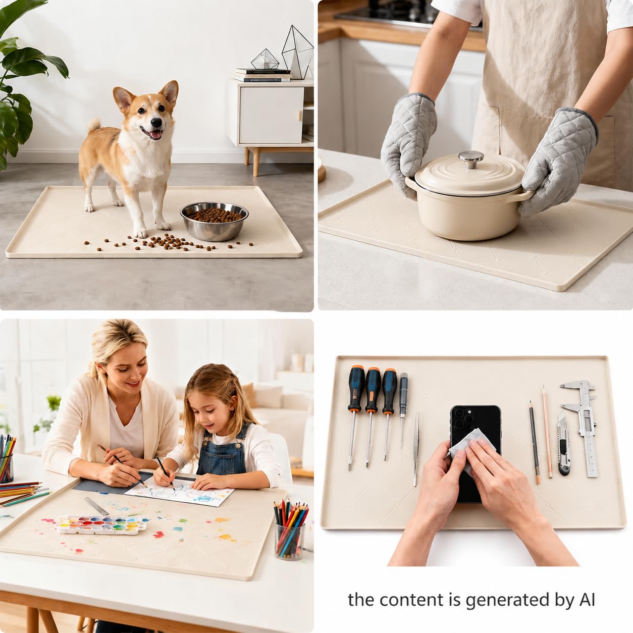 HDFAZHM 34" x 22" Under Sink Liner and Protector for Bottom of Kitchen Sink Beige, Waterproof Under-Sink Organizers Sink Mat Protectors, Flexible Silicone Drip Tray Pet Food Mats