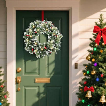 24 Inch Christmas Wreaths for Front Door with Lights,Lighted Artificial Flowering Pine Door Wreath,Prelit Faux Green Winter Wreath with Pine Cones and Red Berry for Indoor Outdoor Decor