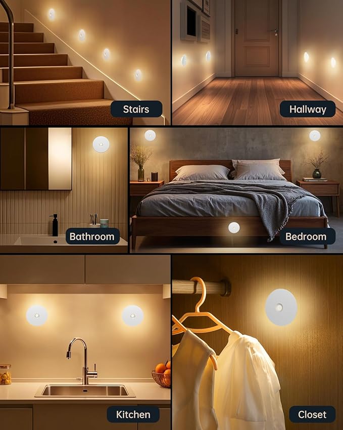 Yiliaw Motion Sensor Night Light, Rechargeable Stair Lights Indoor, Warm White with Wireless Magnetic Mount, Adjustable Brightness & 3 Color Temps for Hallway, Stairway, Bathroom, Closet (2 Pack)