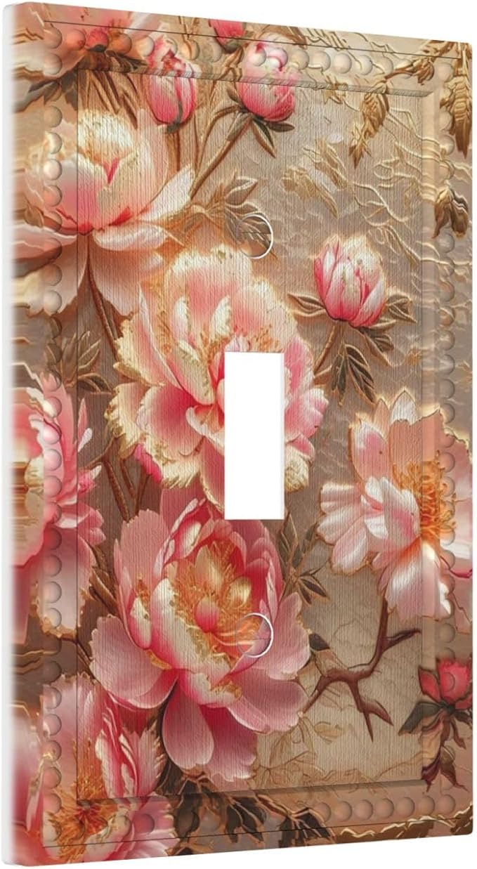 Pink Blooming Flowers Peonies Floral Light Switch Covers 1 Gang Single Toggle Wall Plate Decorative Switchcover Electrical Switchplate for Farmhouse Living Decor