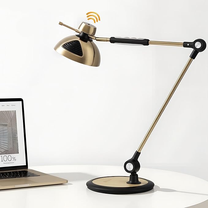 OTUS Brass Desk Lamp for Home Office | Gesture On/Off & Touch Control | Warm Dimmable Eye-Care LED Light 1500 Lux | Adjustable Swing Arm Metal Lamp for Work, Study & Decor