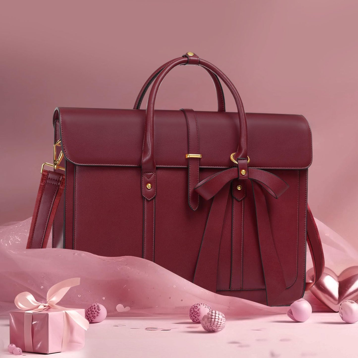 MOSISO Laptop Bag for Women, 15-15.6 inch PU Leather Laptop Shoulder Bags Convertible Backpack, 16 inch Messenger Bags Casual Handbag Work Briefcase Travel Computer Bag with Bowknot, Wine Red