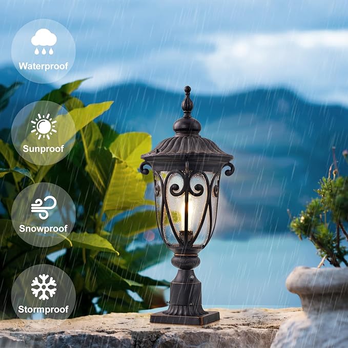 Dusk to Dawn Outdoor Post Light Fixture, 24in High Bronze Post Lantern with Pier Mount, Exterior Pole Lighting with Seeded Glass for Yard, Garden, Patio and Pathway, 2 Pack, LMMS0519-M-2P