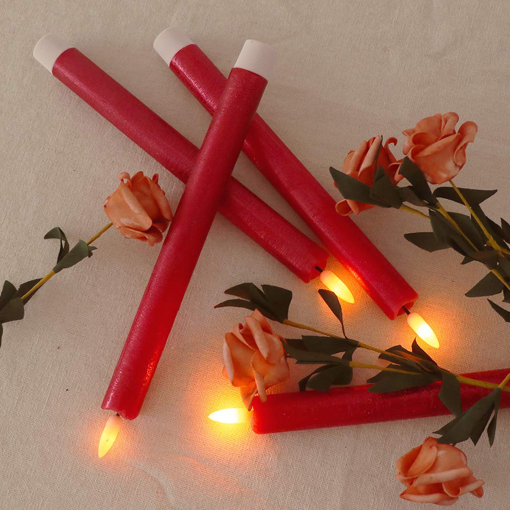 Lasumora Red Flameless Taper Candles Battery Operated Flickering with 6H Timer, 3D Wick LED Taper Candles Real Wax Candlesticks, Party Christmas Home Decor 6 Pack 9.6" Christmas Red