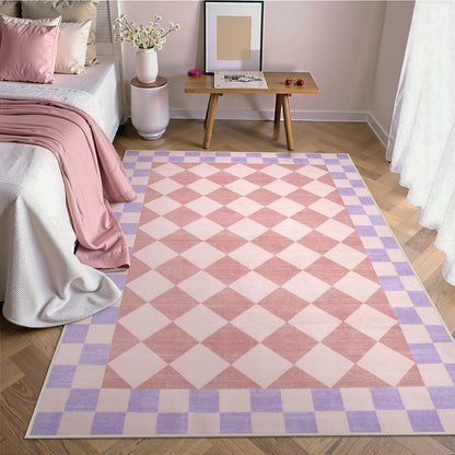 Morebes Checkered 5x7 Pink Rug for Bedroom Girls, Machine Washable Area Rug for Living Room Non Slip, Soft Low-Pile Nursery Carpet for Kids Room Dorm Dining Room (Pink,5'x7')
