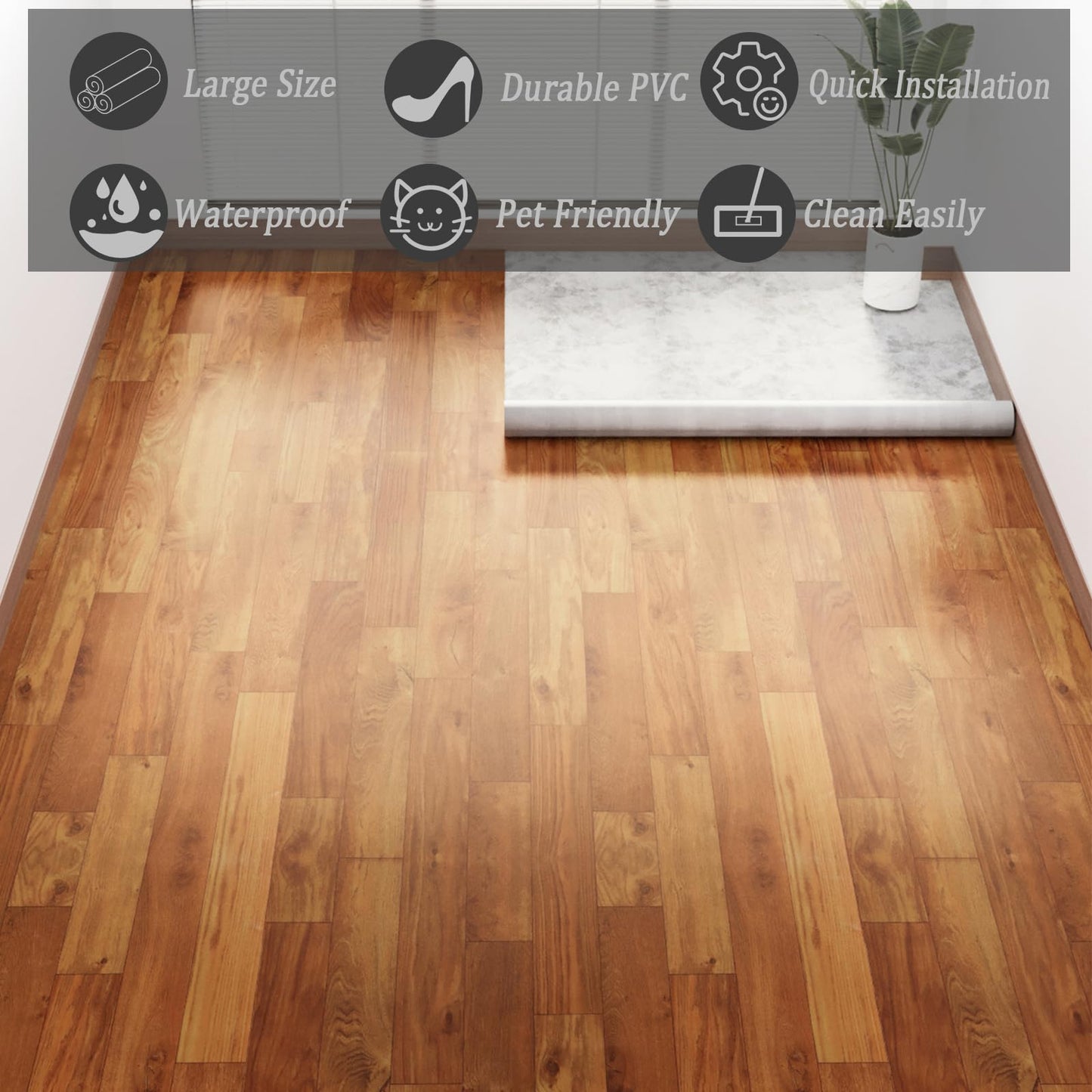 Oxdigi Vinyl Flooring Roll 53 sq.ft | 3'4"W x 16'5"L, PVC Leather-Like Linoleum Floor Covering, Waterproof Durable Heavy Vinyl, Easy to Install with Tape, Removable- No Adhesive Backing, Natural Oak