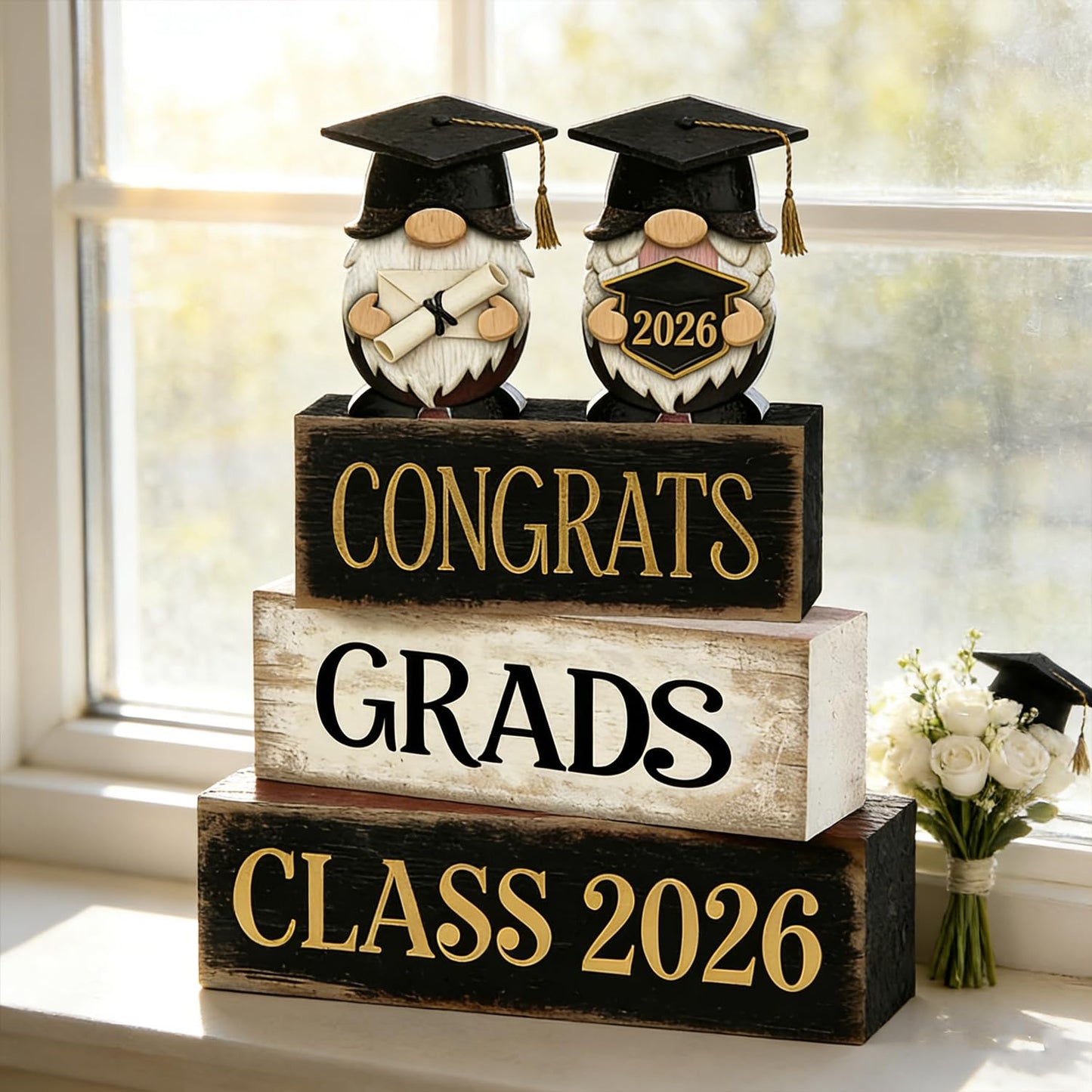 2026 Graduation Table Decorations Class of 2026 Senior Tiered Tray Decor Wooden Gnome Block Signs Farmhouse Congrats Grad Tabletop Party Centerpiece for Tables Wooden Sign for Home Decor