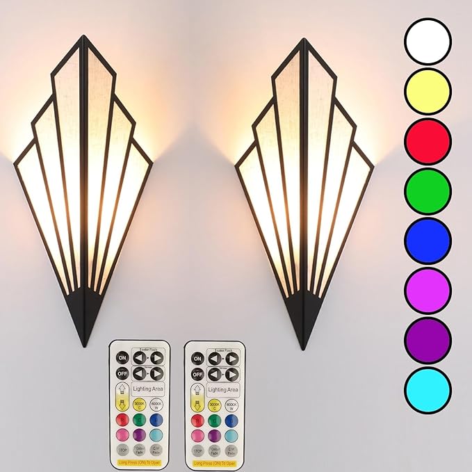 Modern Style Wall Light Set of Two,Battery Operated Wall sconces with Remote Control,Wireless Art Deco Lighting Fixture for Living Room,6 RGB Colors dimmable(with Bulbs+Remote Control+Charging Cable)