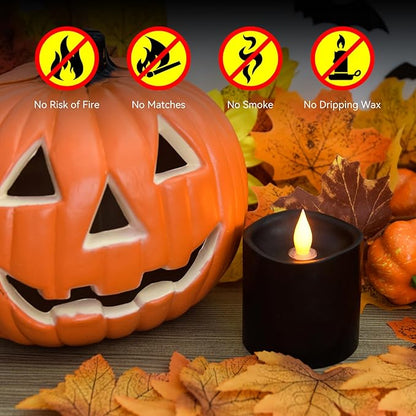 Black Flameless LED Candles - 3" x 3" Real Wax, Battery Operated with Remote Timer, 3D Flickering, Lasts 600+ Hours, Halloween & Christmas Deco (Black, 3"*3"-1pcs)