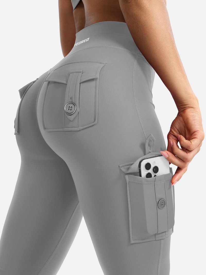 YEOREO CoreFlex Women Workout Flare Leggings with Pockets Hidden Scrunch High Waisted Cargo Gym Yoga Leggings Light Grey XS