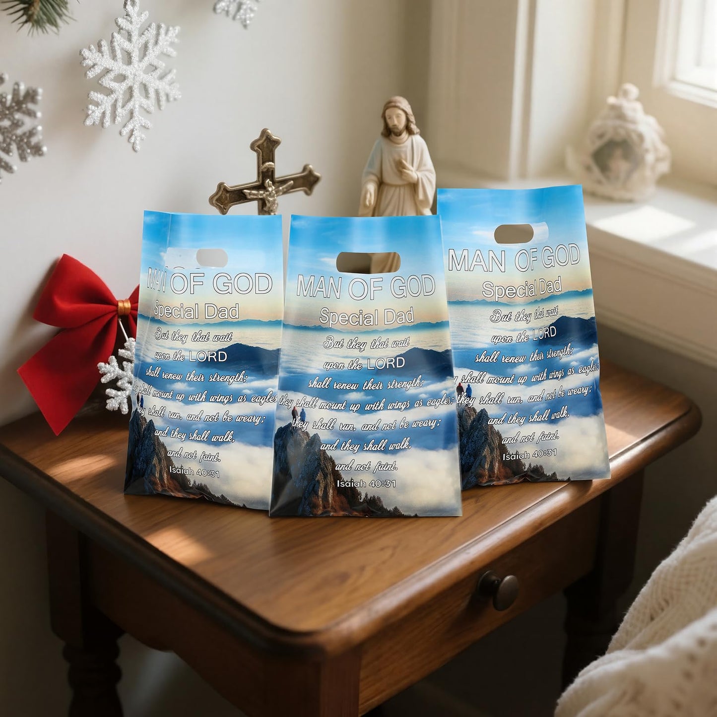 Yinder 50 Pcs Church Gift Bags Bulk Plastic Religious Man of God Welcome Treat Goody Bags with Handles Bible Verse Gifts for Father's Day Father Christmas Church Party Supplies Party Favor Decoration