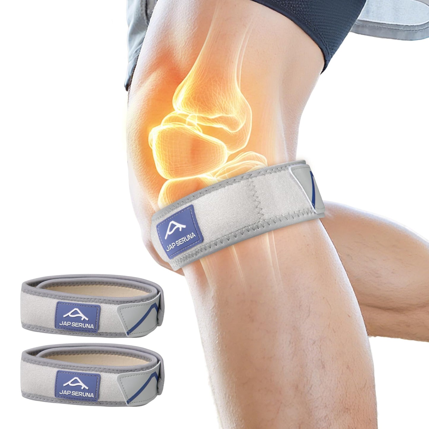 JAPSERUNA Patellar Band Tendon Support Strap - 2 Pack Adjustable Non-Slip Knee Brace for Helps Relieve Pain & Swelling for Hiking, Running, Jumpers Knee, Tendonitis, Basketball, Squats