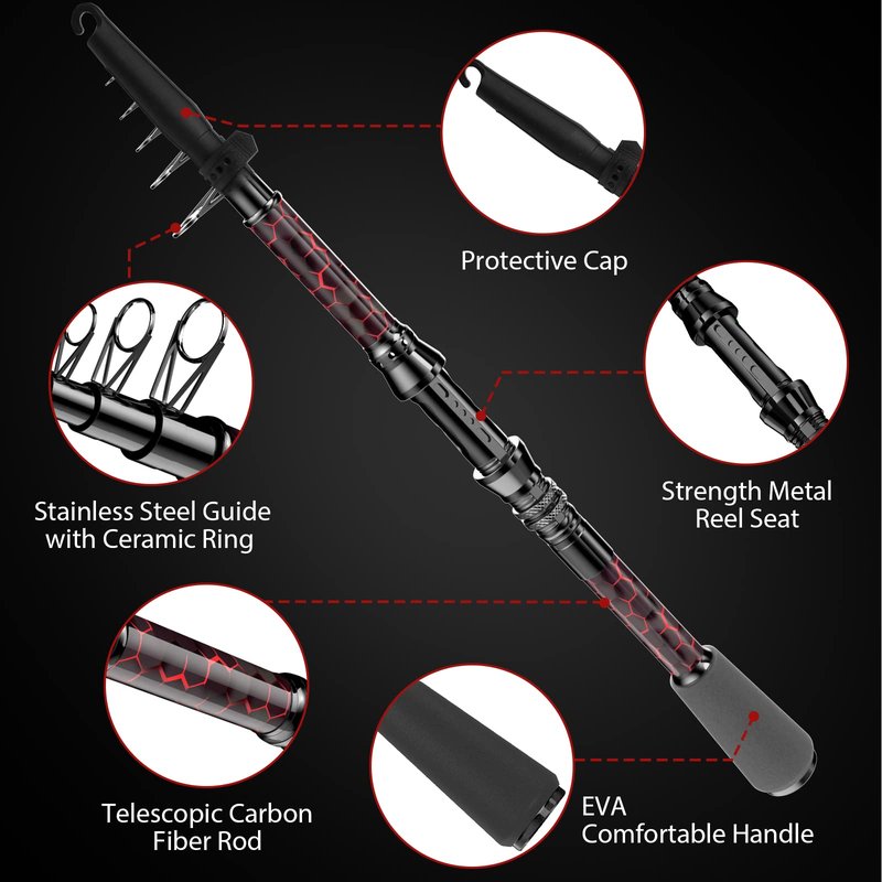 QudraKast Fishing Rod and Reel Combos - High Precision Machined Pattern Telescopic Fishing Pole and 12+1 Full Metal Ultra Smooth Spinning Reel Combos with Carrier Bag 1.8 M