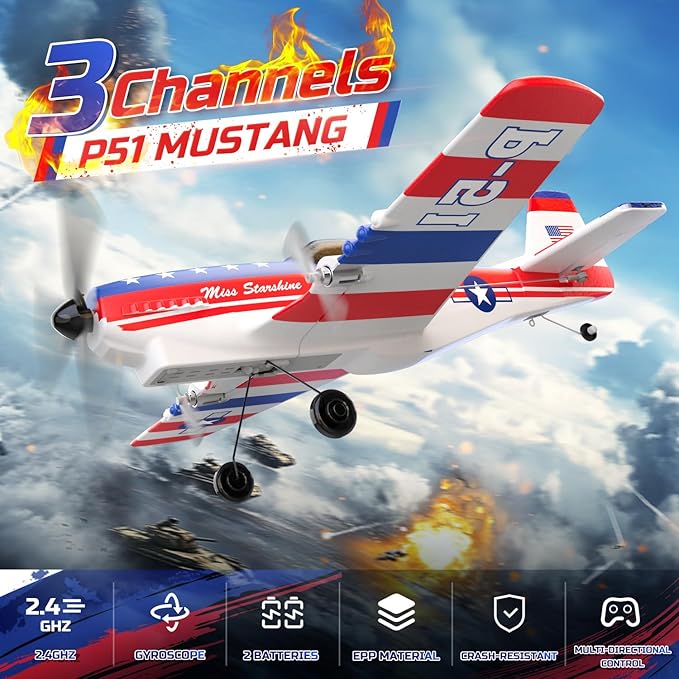 DEERC RC Plane 3 Channel P51D Mustang Remote Control Airplane Fighter Toys2.4GHz 6-axis Gyro Stabilizer RTF Glider Aircraft Plane with 2 BatteriesEasy to Fly for Adults Kids Beginners Boys
