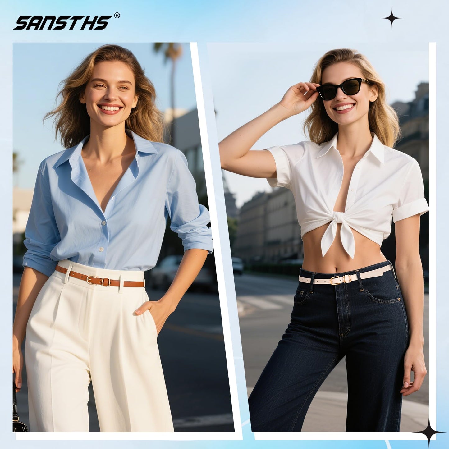 SANSTHS 4 Pack Women Thin Belts for Jeans Dresses Coats Skinny Women Belt with Gold Alloy Buckle, Black+Brown+Blue+Beige M