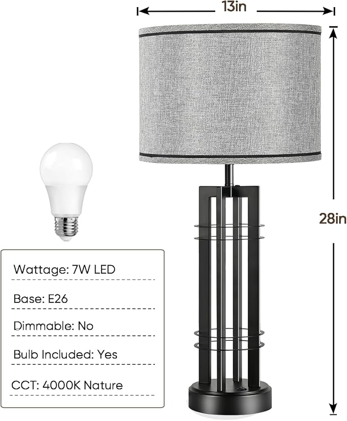 27in Tall Table Lamps for Living Room Button Control Farmhouse Rustic Table Lamps Set of 2 SideTable Lamps Black&Grey Bedroom Lamps for Bedside Nightstand End Table 2025 New