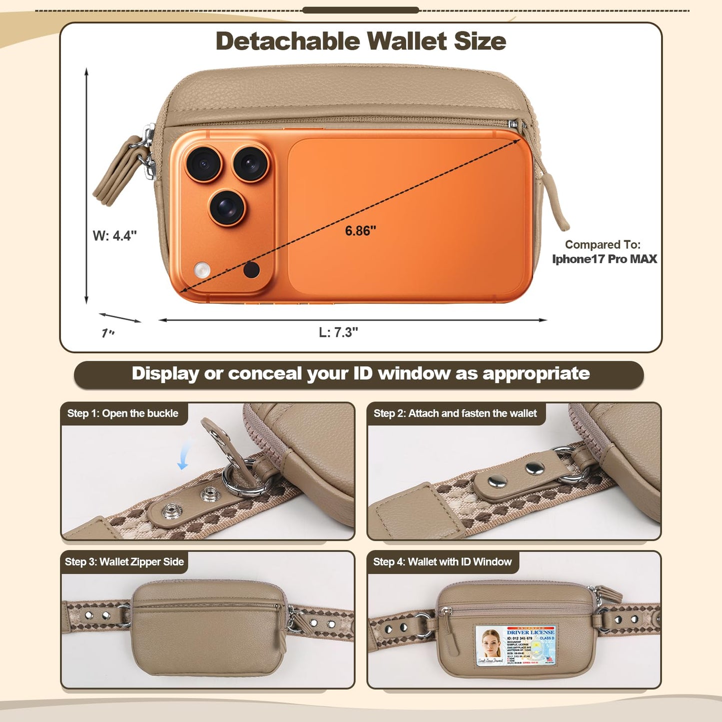 YFWE Clip and Go Phone Strap with Crossbody Wallet, Adjustable Phone Lanyard with Detachable RFID Wristlet Wallet, Anti-Theft Leather Purse with ID Window for Travel Essentials (Khaki)