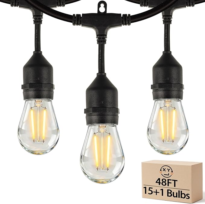 Outdoor String Lights, Super Bright LED - 48FT 15 S14 Bulbs (1 Spare), IP65 Waterproof, Commercial Grade & Shatterproof, Dimmable, UL Listed for Patio, Porch, Backyard, Gazebo