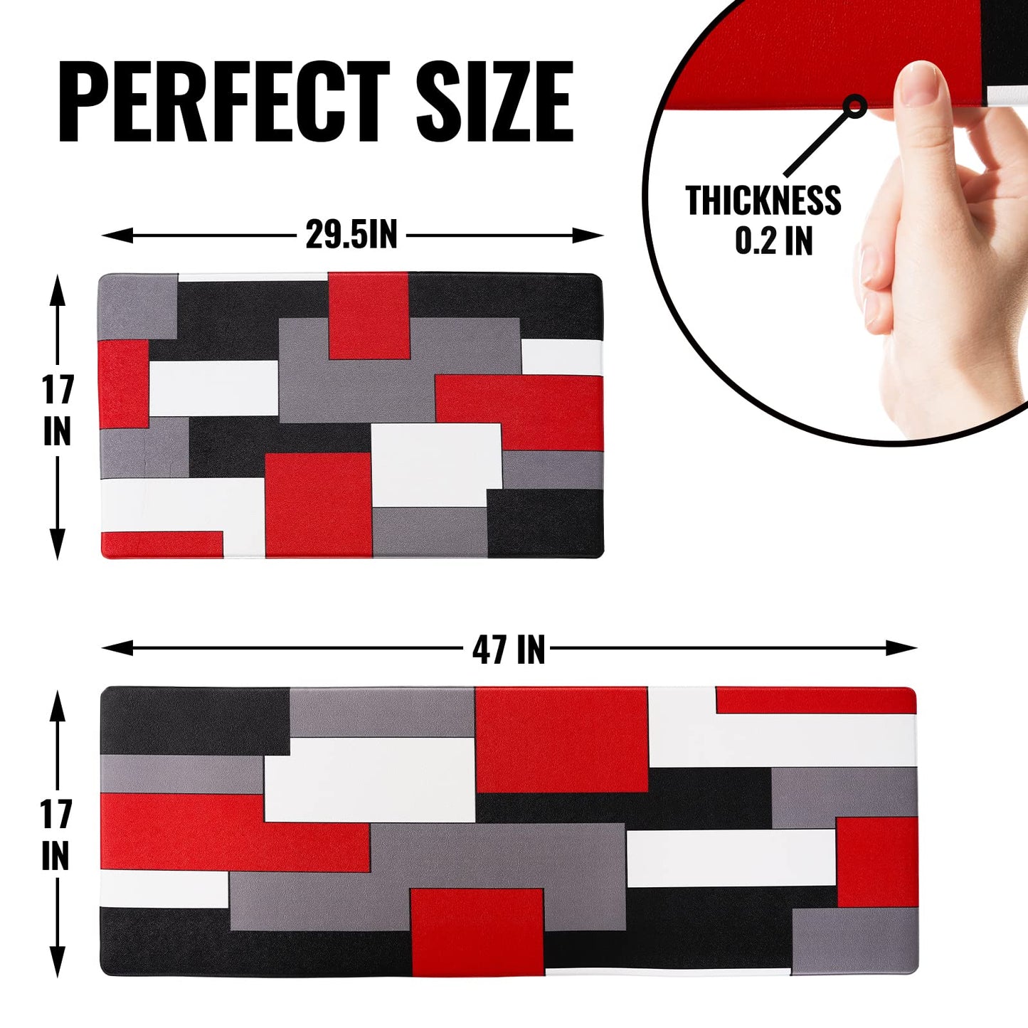 Black,White,Red and Grey Kitchen Rug Set 2 Piece Abstract Geometric Art Cushioned Abstract Modern Mats for Laundry (Geometric Art, 17.5"x29.5"+17.5"x47")