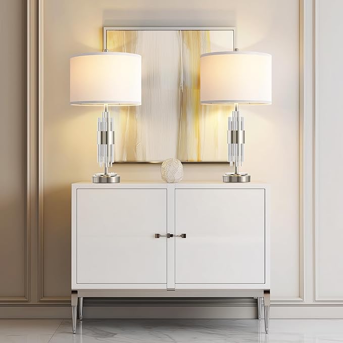 QiMH Table Lamp for Living Room,Bedside Lamp for Bedrooms Set of 2 with USB A+C Ports,3-Way Dimmable Touch Control,Modern Nightstand Lamp White Lampshade Home Decor, LED Bulb Included, Brushed Silver