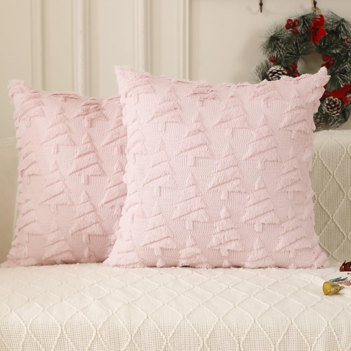 All Smiles Christmas Decorative Pillow Covers 18x18 Set of 2, Xmas Navidad Ornaments Soft Plush Faux Fur,Decorations Winter Holiday Couch Cases Home Decor for Sofa Livingroom Bed,Pink