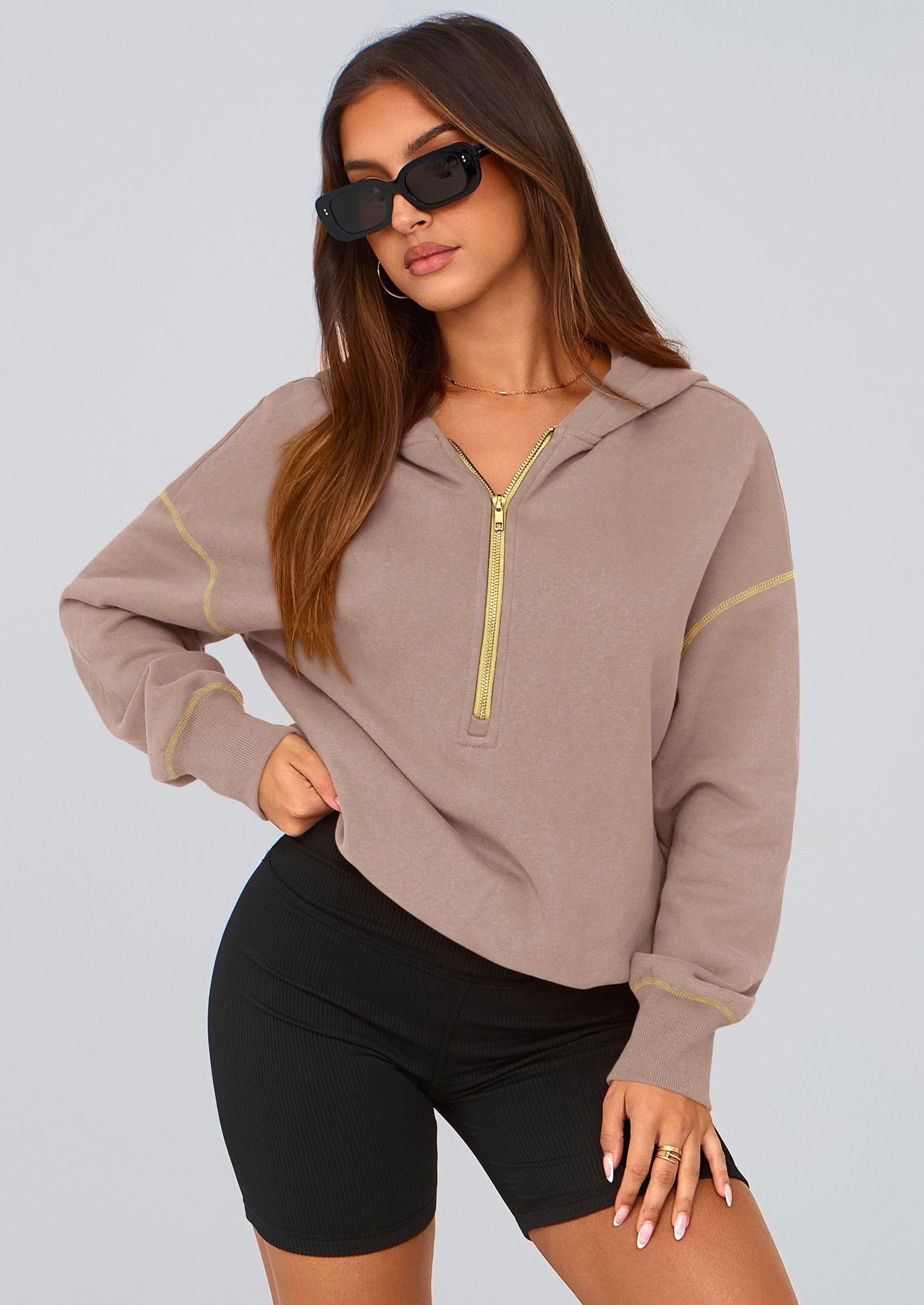 PRETTYGARDEN Women's 2025 Fall Hooded Sweatshirts Long Sleeve Half Zip Cropped Hoodies Pullover Winter Fashion Clothes (Khaki,Medium)