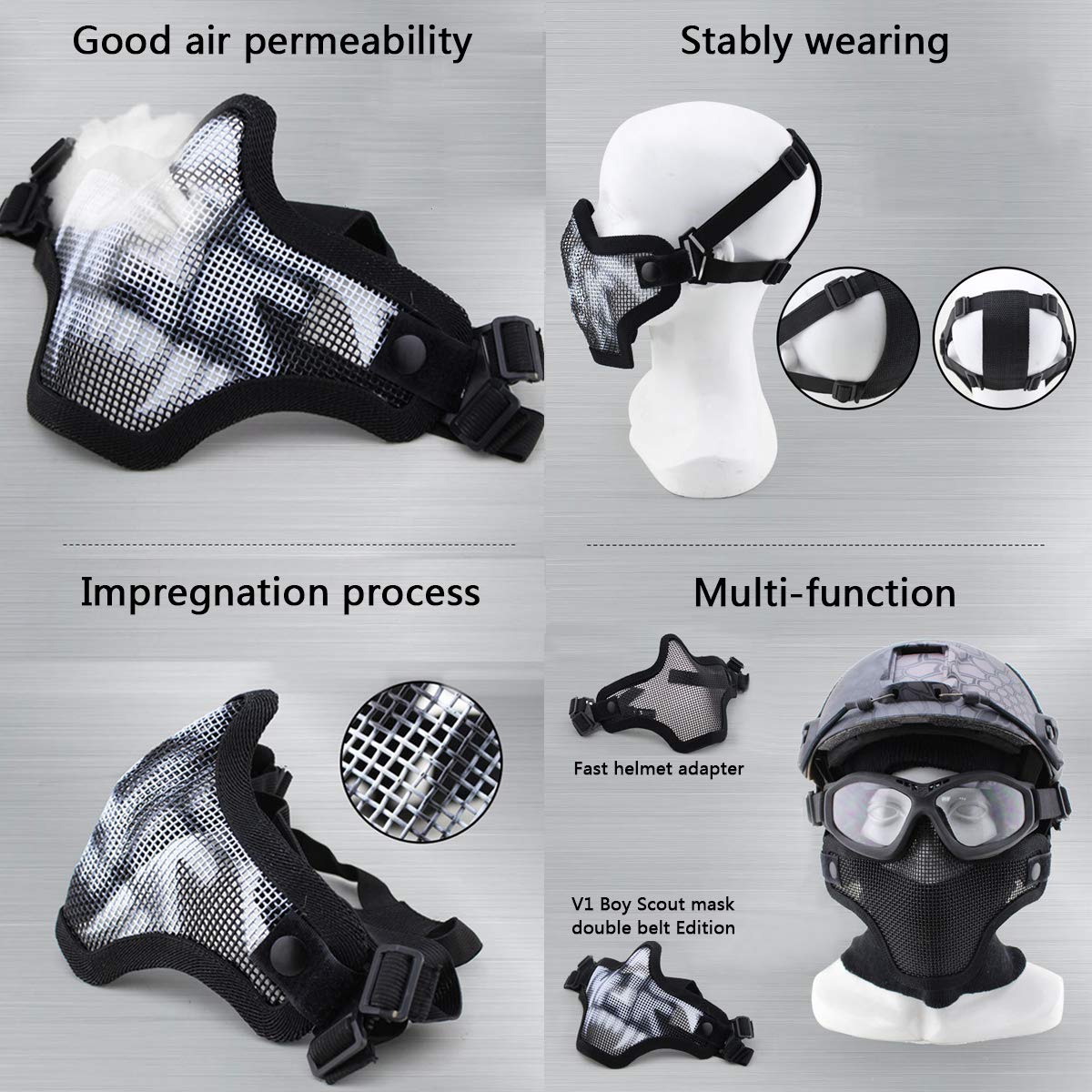 Aoutacc Airsoft Half Face Mask Steel Mesh and Goggles Set, Paintball Masks Protection Gear for Paintball BBS CS Nerf Game Cosplay Halloween Costume Accessories (Black with Pattern)