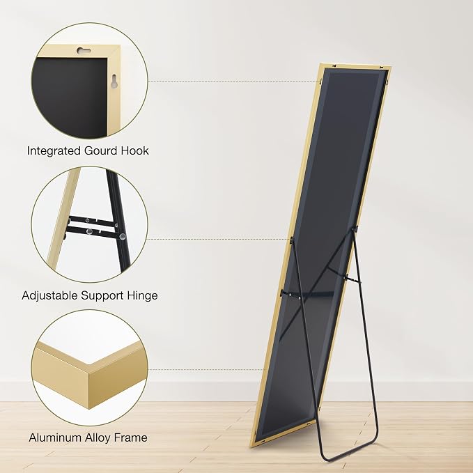 OLIXIS Full Length Mirror 59"x16.3" for Bedroom, Full Body Mirror with Stand, Hanging or Leaning for Wall, Aluminum Alloy Thin Frame Floor Standing for Living Room, Long, Gold