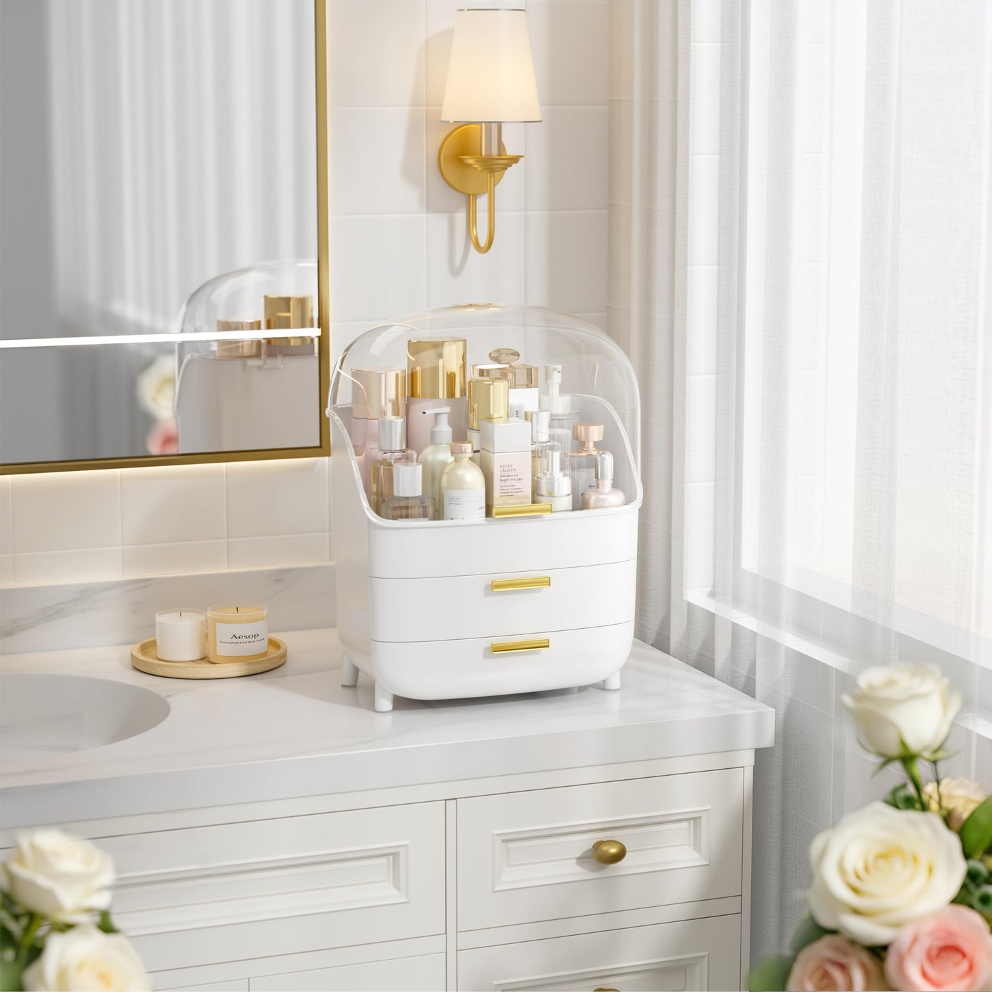 Vtopmart 3-Tier Skincare Makeup Organizer with Drawers and Lid for Vanity and Bathroom Countertop, Large Cosmetic Storage Box Case for Dresser, with Non-Slip Base